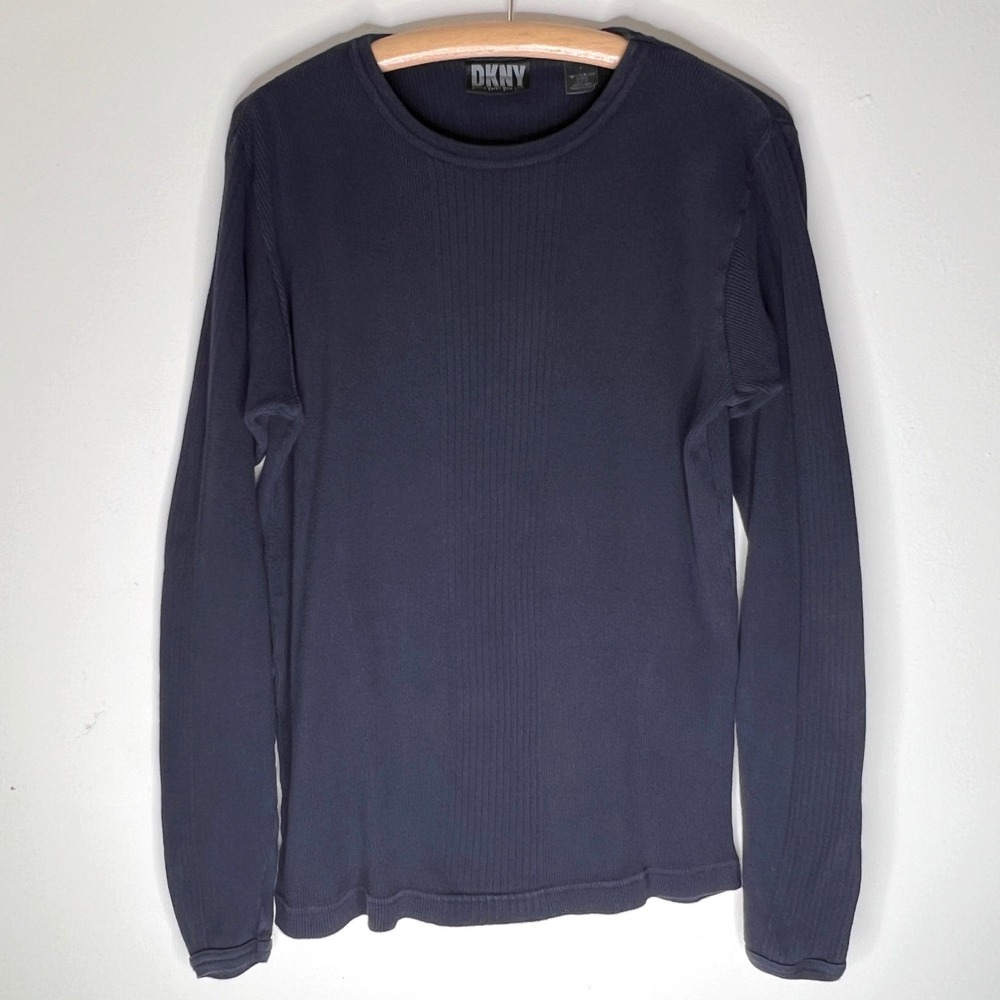 Vintage DKNY Mens Black Ribbed Knit Long Sleeve Minimalist‎ 90s Top Size Large